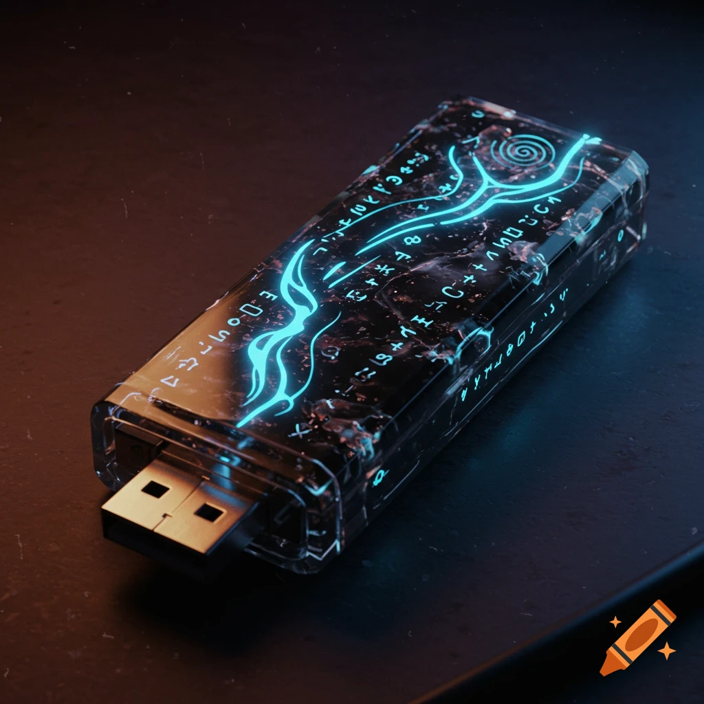 A futuristic USB drive made of translucent black obsidian with glowing blue, intricate glyphs and swirl patterns on its surface, set against a dark background.