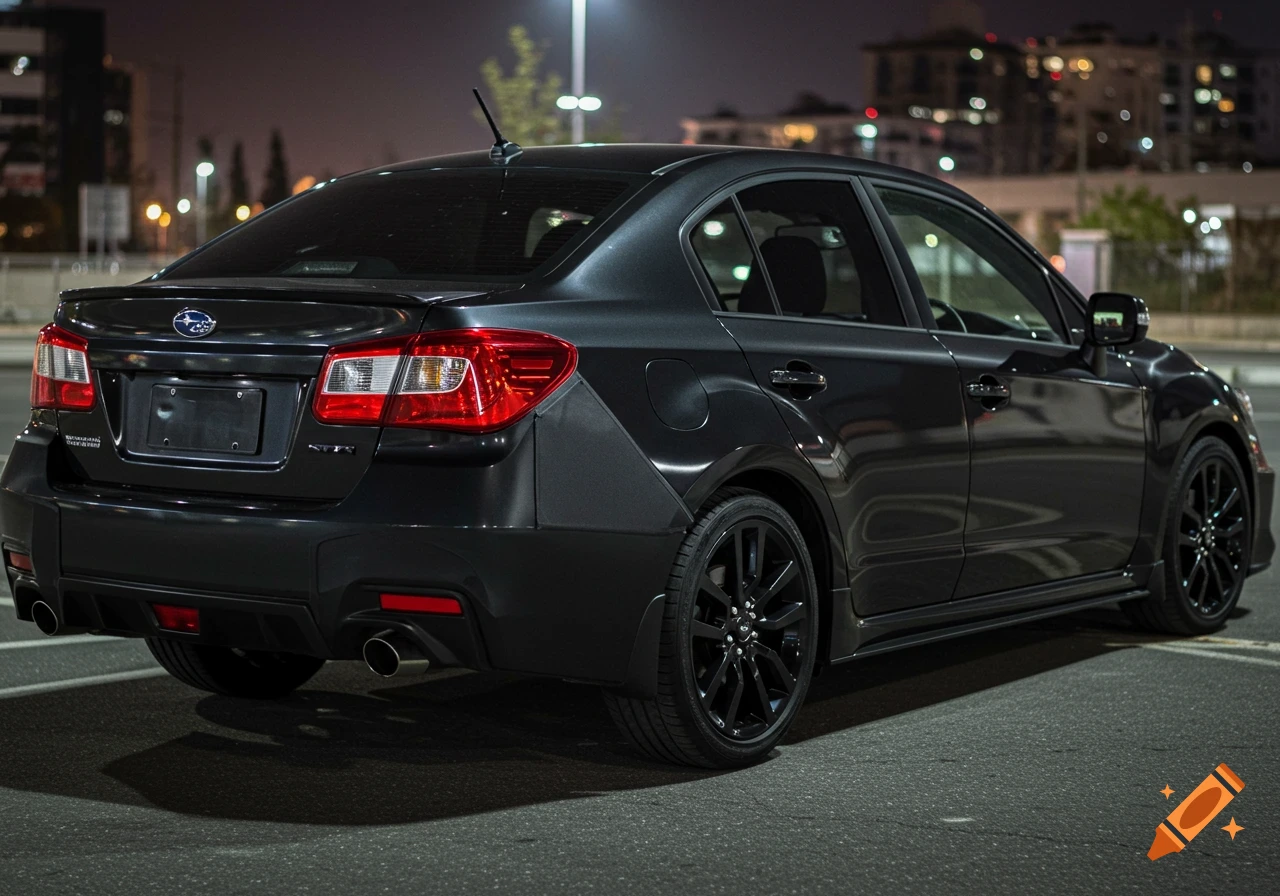 Rear view of a dark gray Subaru Impreza sedan parked at night with city lights in the background.