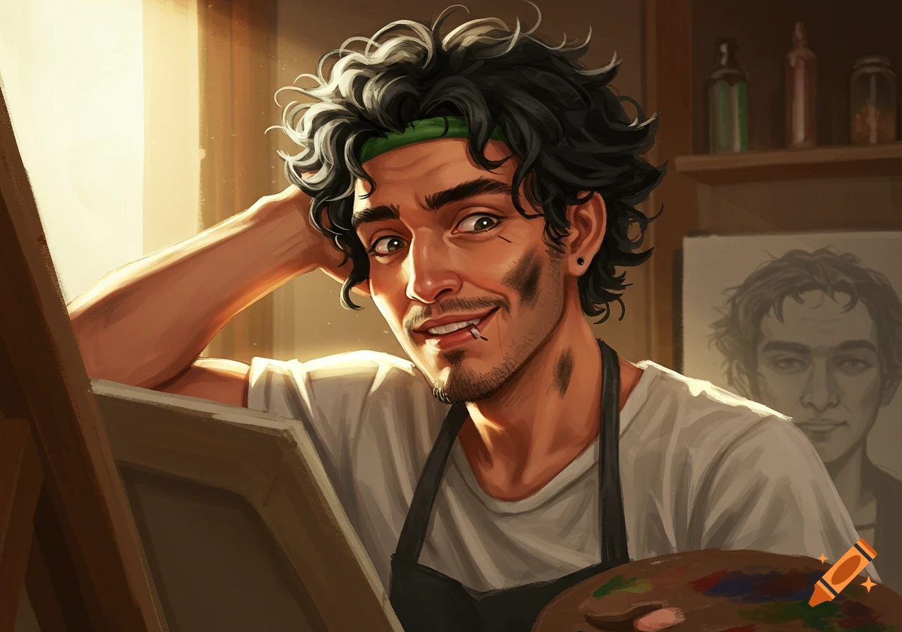 Digital painting of a smiling male artist with messy dark curly hair and charcoal smudges on his face, holding a palette in a sunlit studio.