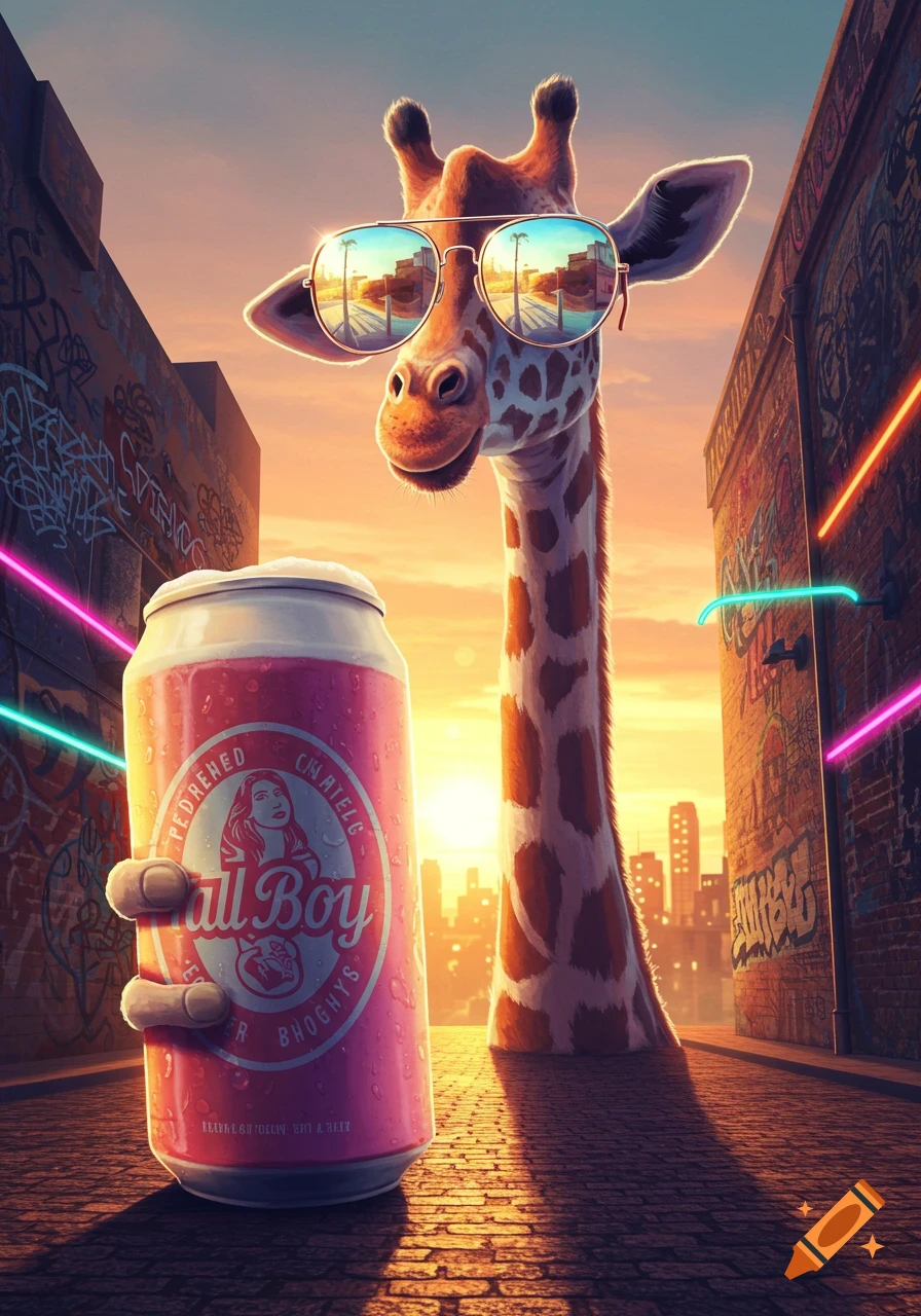 An anthropomorphic giraffe wearing sunglasses holds a pink "Tall Boy" beer can in an urban alleyway at sunset, with neon lights and graffiti.