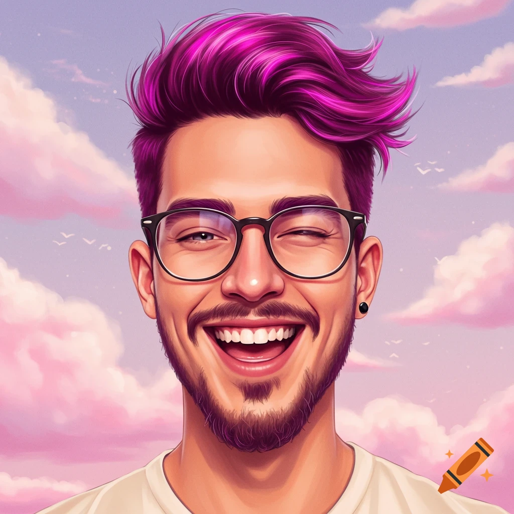 Illustrated portrait of a man with bright pink hair, glasses, and a beard, smiling and winking against a cloudy sky.