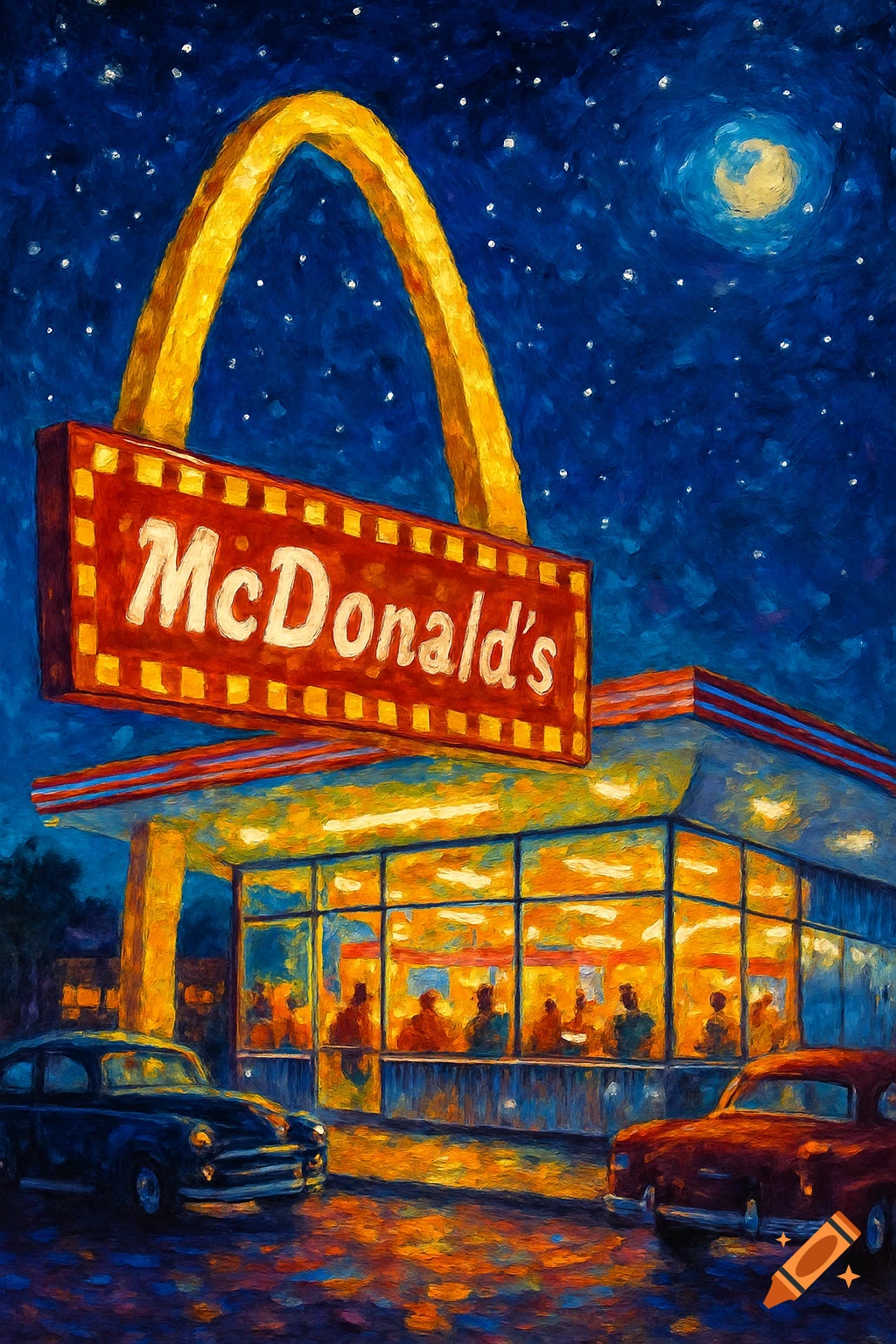 A McDonald's restaurant at night, painted in an impasto, starry night style, with classic cars outside.