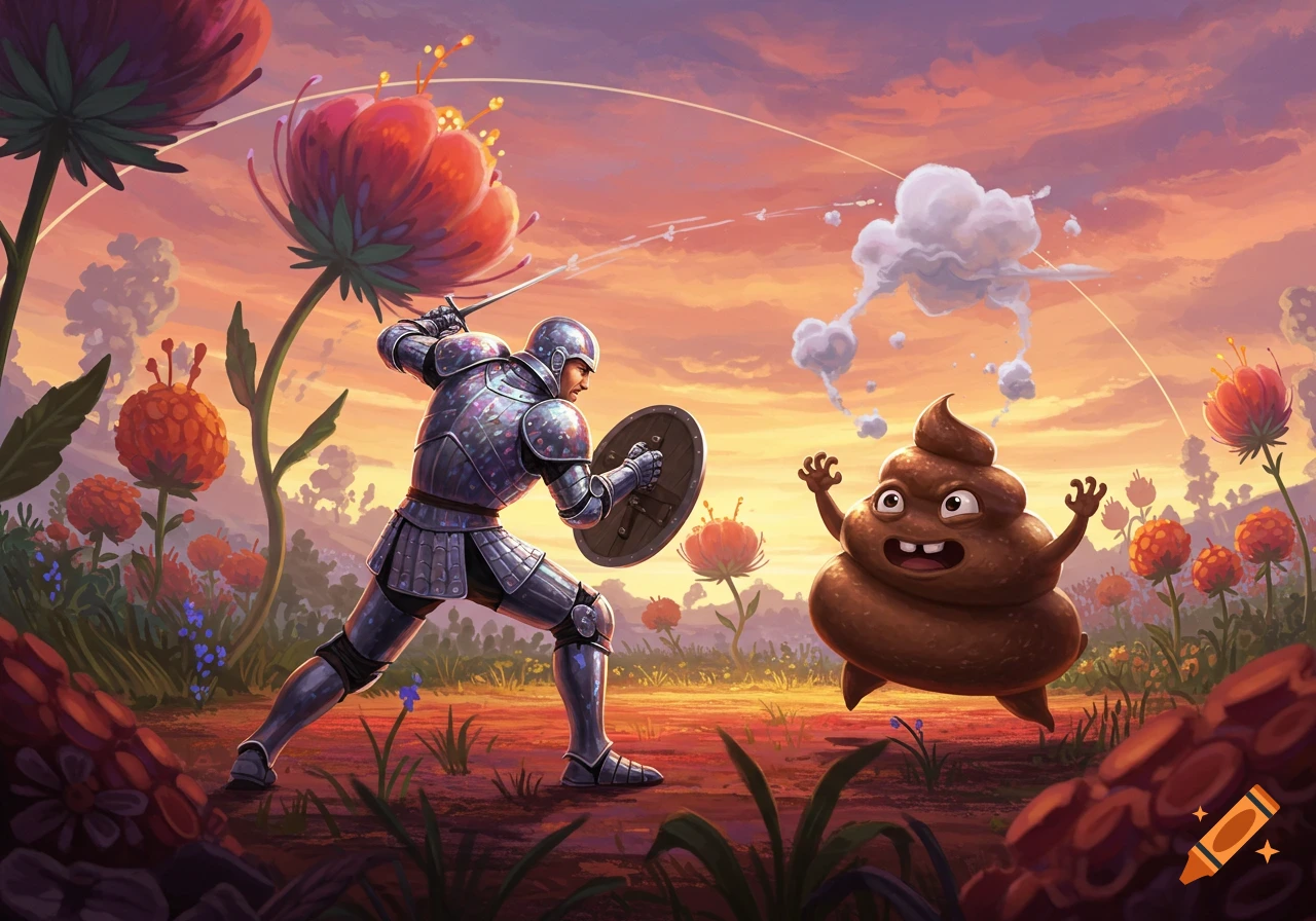 A knight in shining armor with a sword and shield battles a smiling, brown poop creature in a fantastical, colorful landscape with large flowers under a sunset sky.