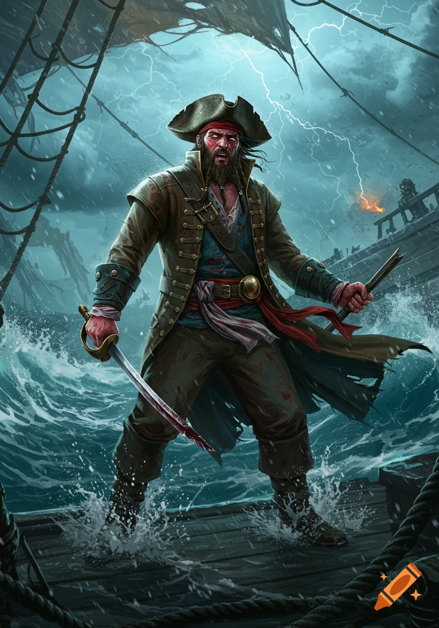A fierce pirate with a sword stands on a ship's deck in a stormy sea under lightning, digital painting.
