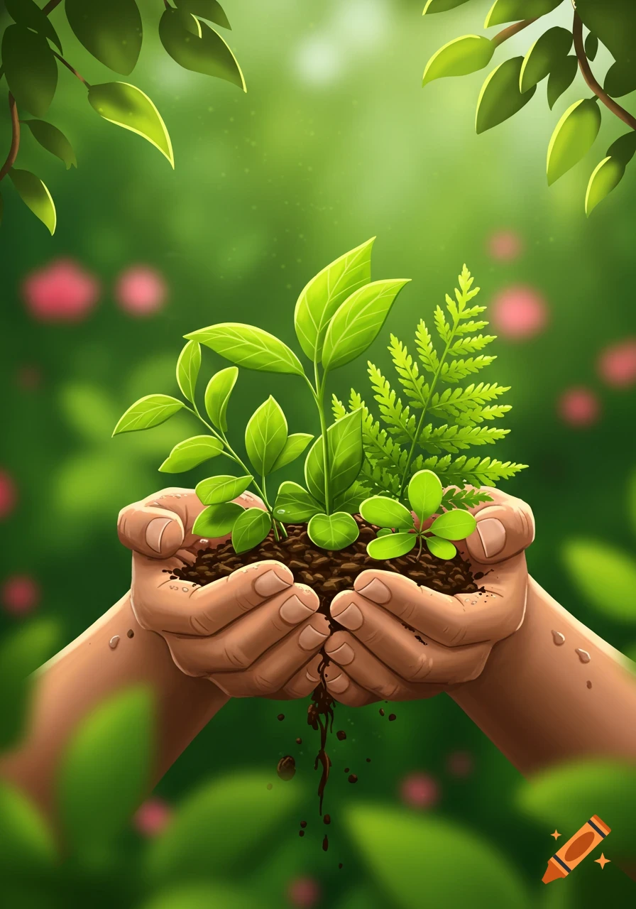A pair of hands cupping a cluster of young green plants with soil, set against a vibrant, soft-focus green background in an illustrative style.