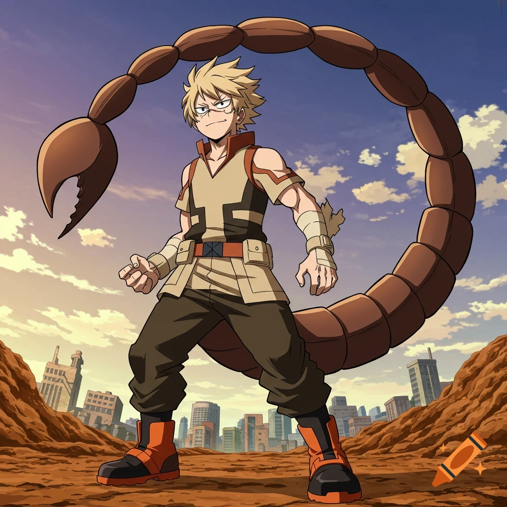 Anime-style male character with blond hair and large scorpion tail stands in a desert city.