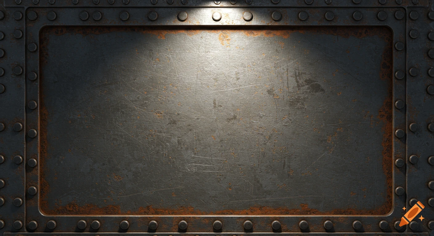 A worn, dark metallic panel with a central rectangular indentation showing rust and scratches, framed by rows of rivets.
