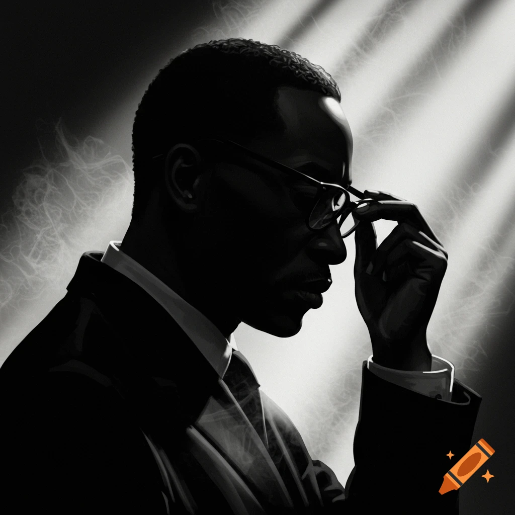 Black and white silhouette portrait of a man in a suit adjusting his glasses, with dramatic light rays and smoke in the background.