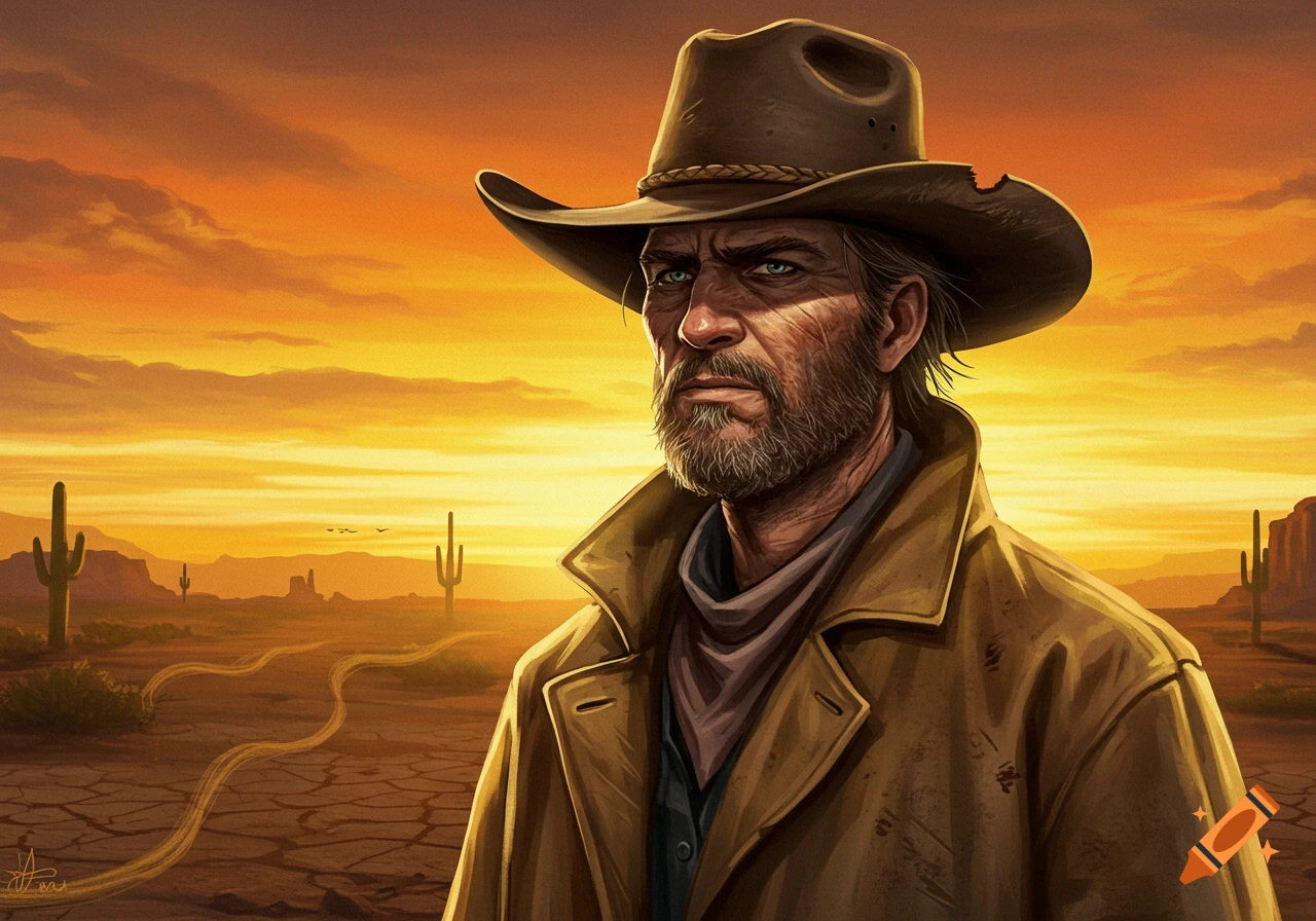A weathered cowboy with a beard and hat stands in a desert at sunset.