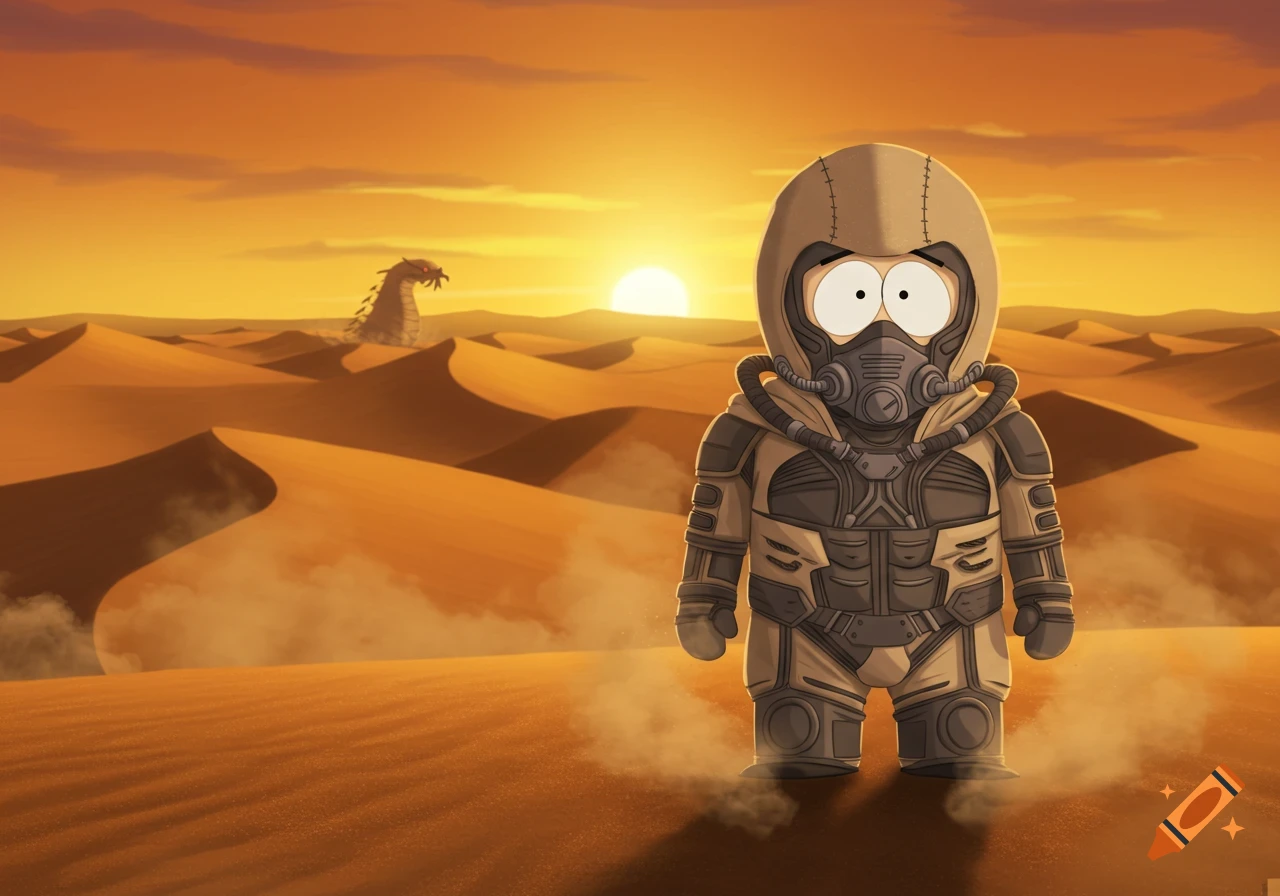 Cartoon Cartman in a stillsuit stands in a vast desert with sand dunes and a large sandworm under a golden sunset.