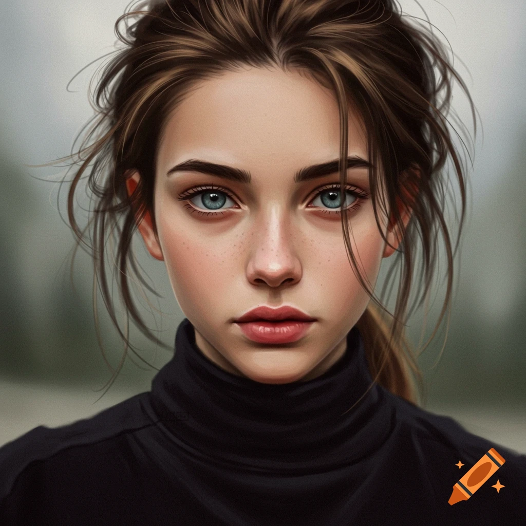 Close-up digital painting of a young woman with blue eyes and messy brown hair in a black turtleneck.