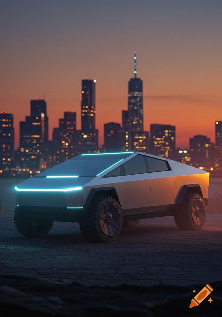 A futuristic Tesla Cybertruck with neon lights parked on asphalt, against a blurred city skyline at dusk.