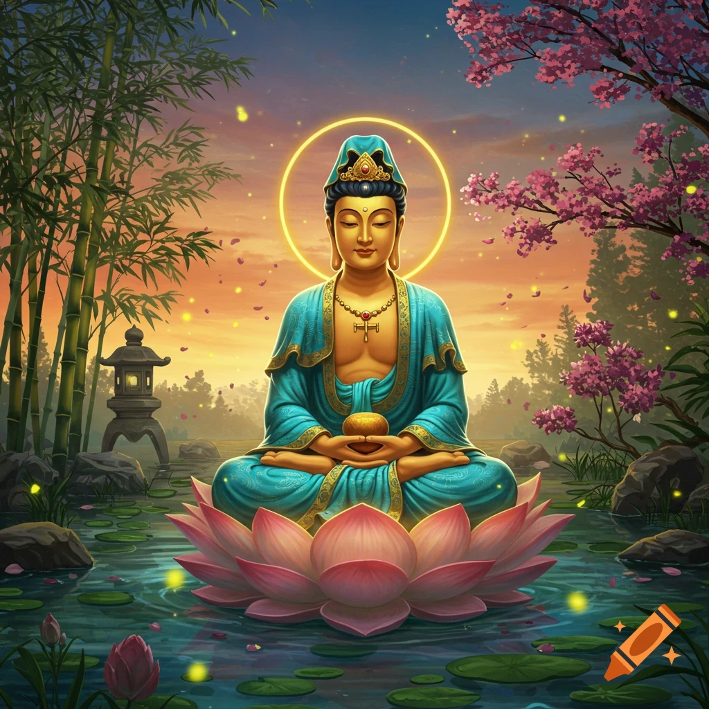 A vibrant image of a Buddha meditating on a pink lotus flower in a pond at sunset, surrounded by bamboo and cherry blossoms.