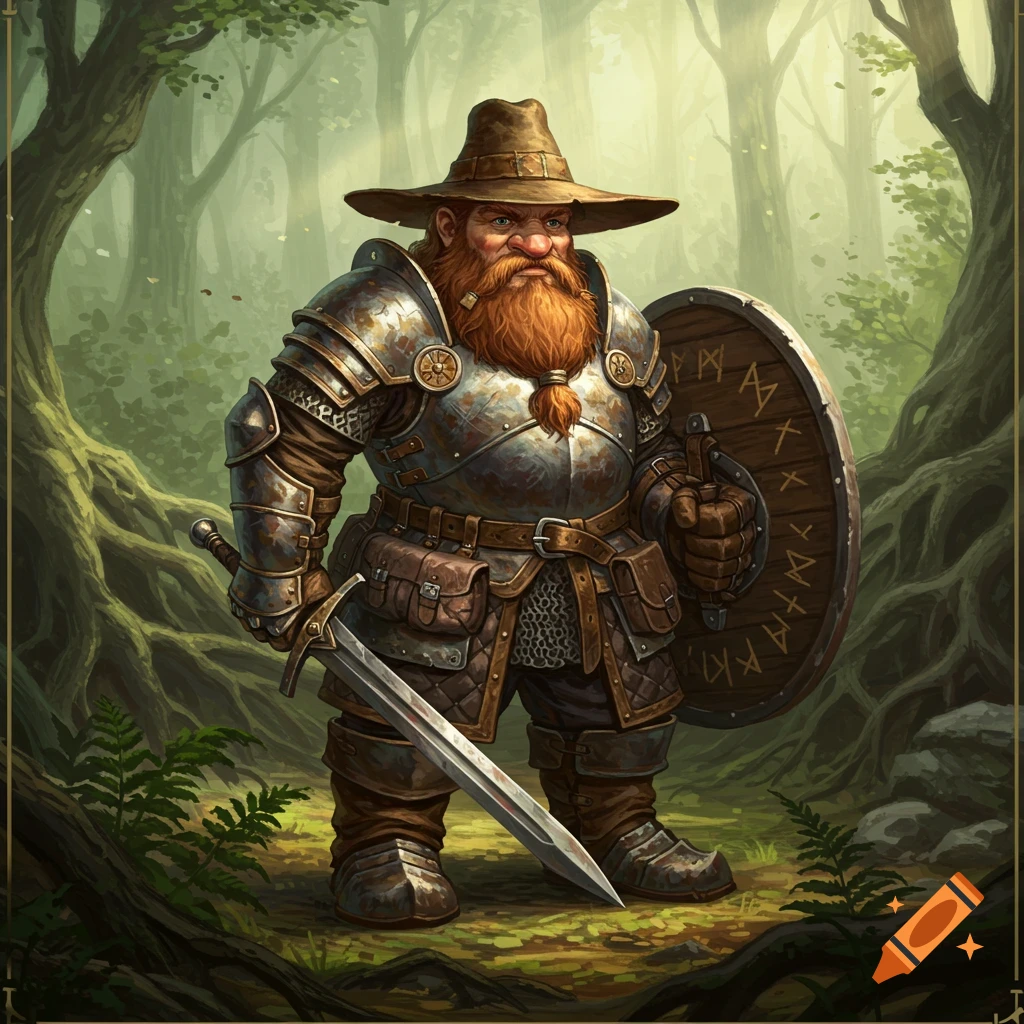 A heavily armored male dwarf with a red beard, wearing a wide-brimmed hat, holding a sword and a round shield with runes in a forest.