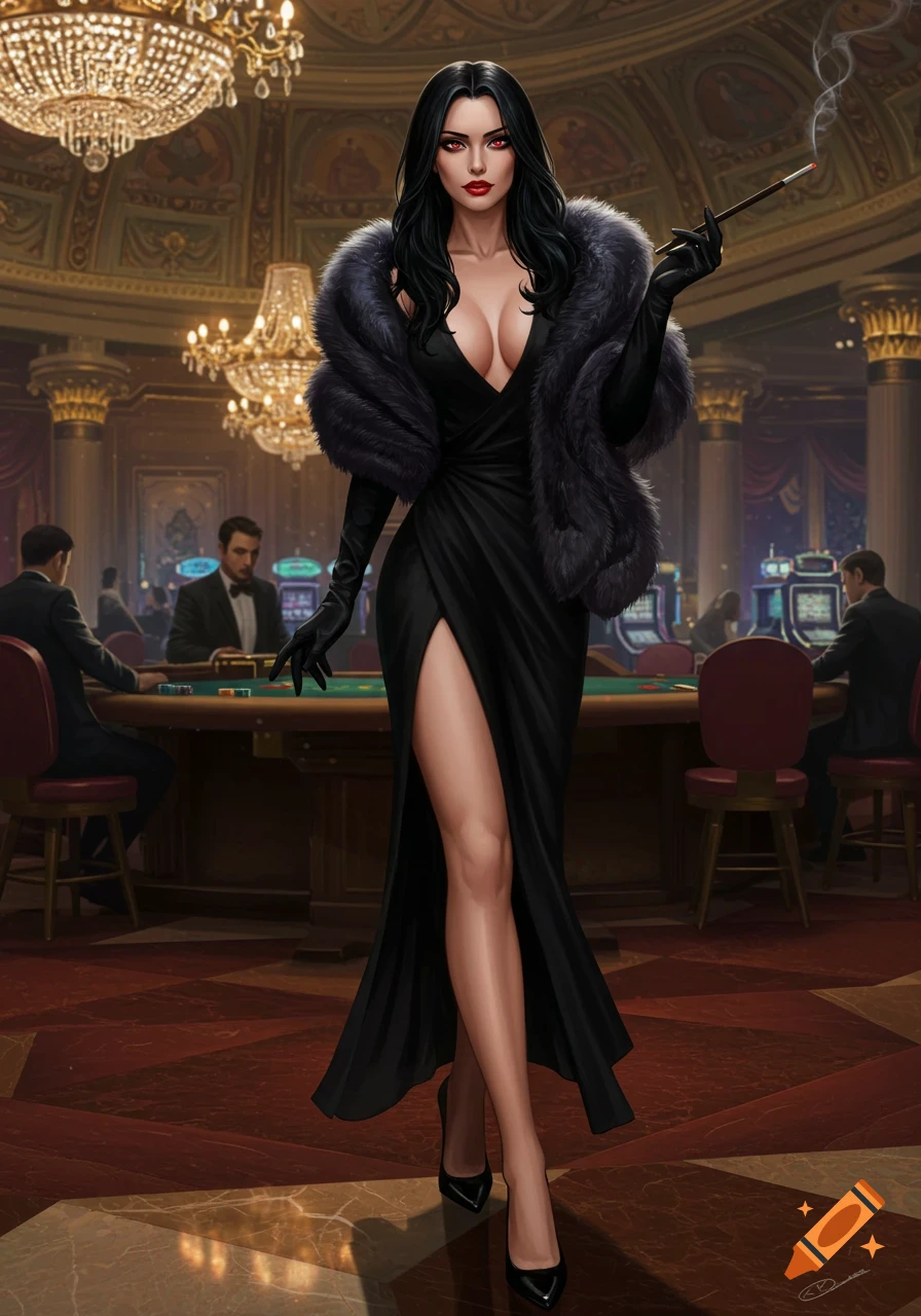 A beautiful woman with black hair and red eyes in a black dress and fur scarf walks through a casino smoking a cigarette. Illustration.