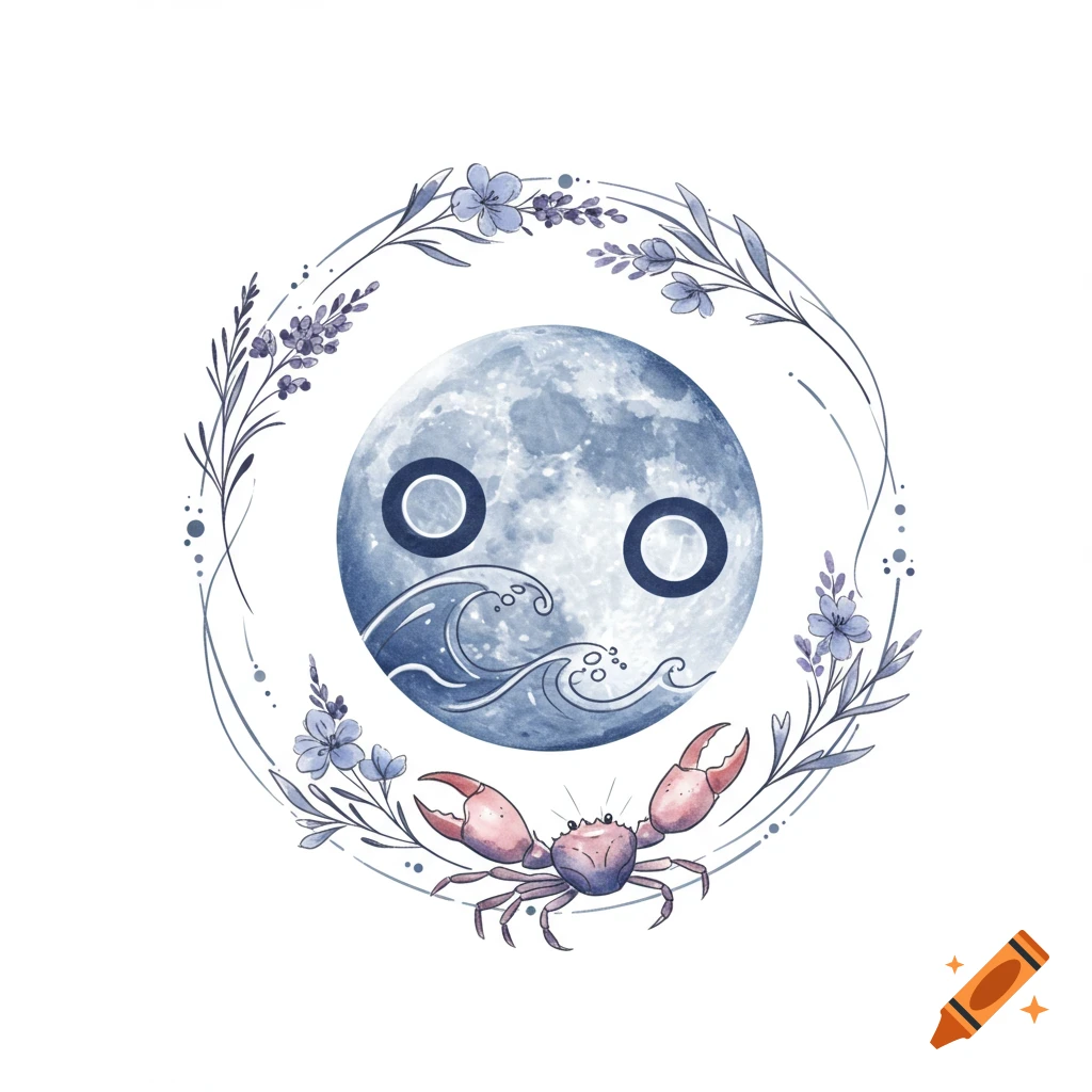 A watercolor illustration of a Cancer zodiac symbol featuring a blue moon, waves, a purple crab, and a floral wreath.
