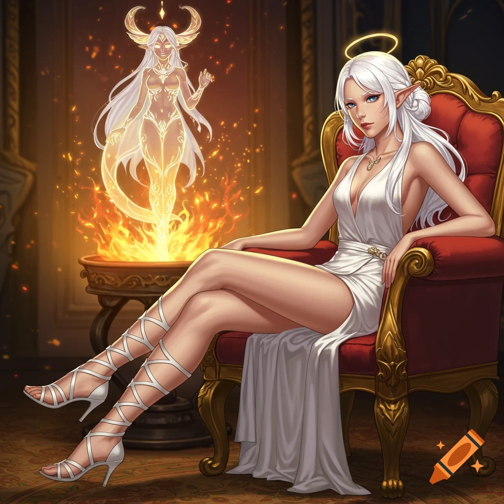 A white-haired female elf with a halo sits on an ornate chair, while a glowing, fiery transparent elf stands behind her.