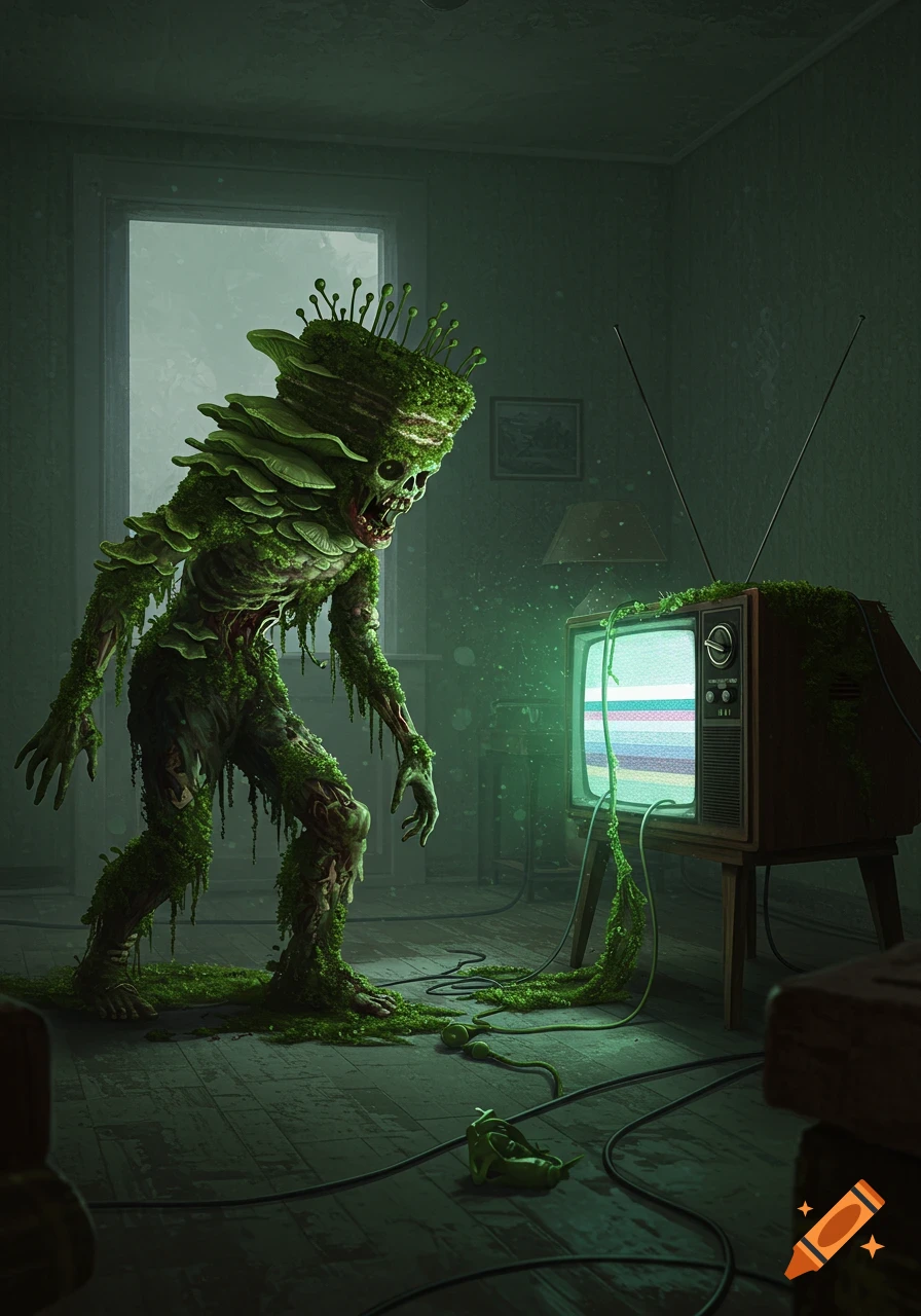 A moss-covered zombie-like creature with mushrooms on its head stares at a static-filled, glowing green television in a dark, decaying room.