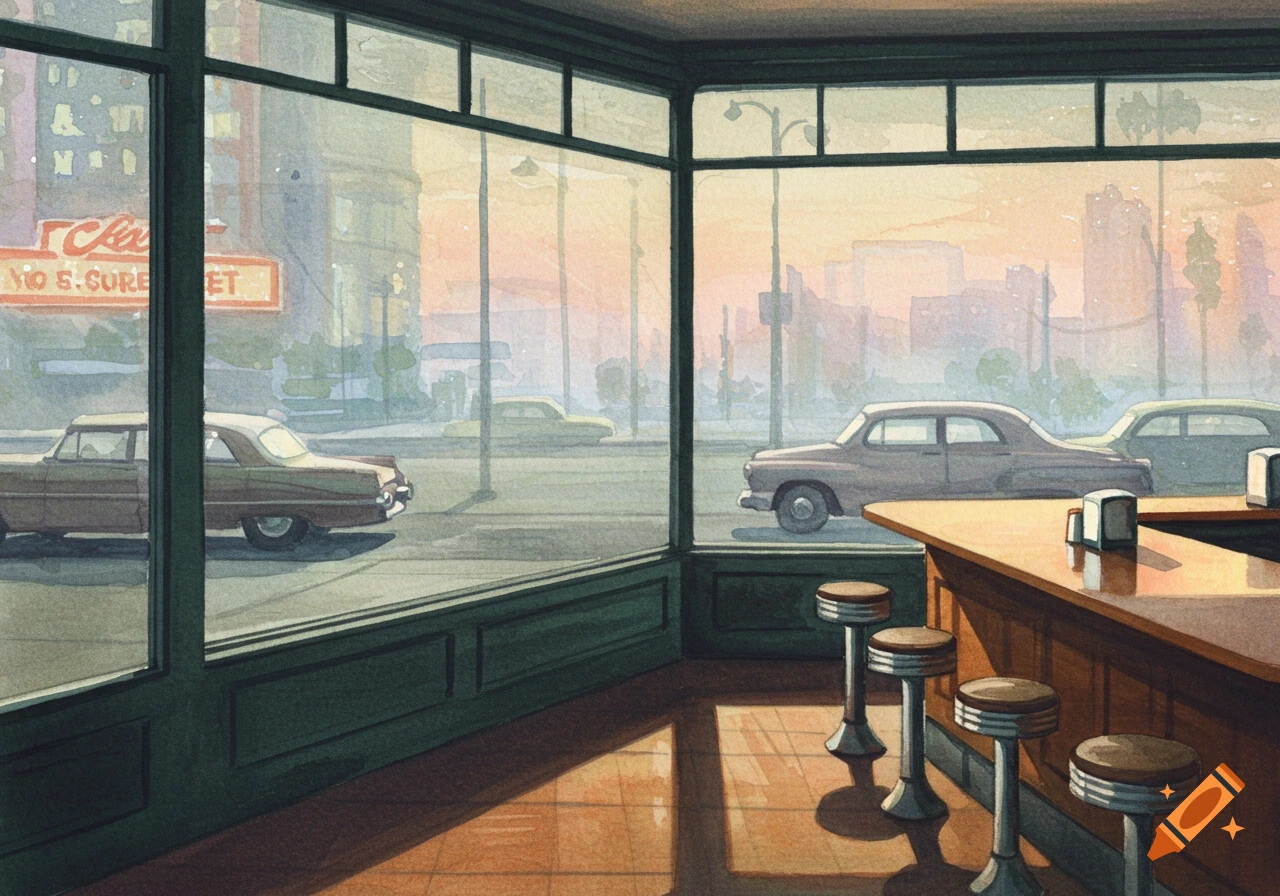 Watercolor painting of a diner interior, looking through windows at a street with vintage cars and city buildings, in a Hopper style.
