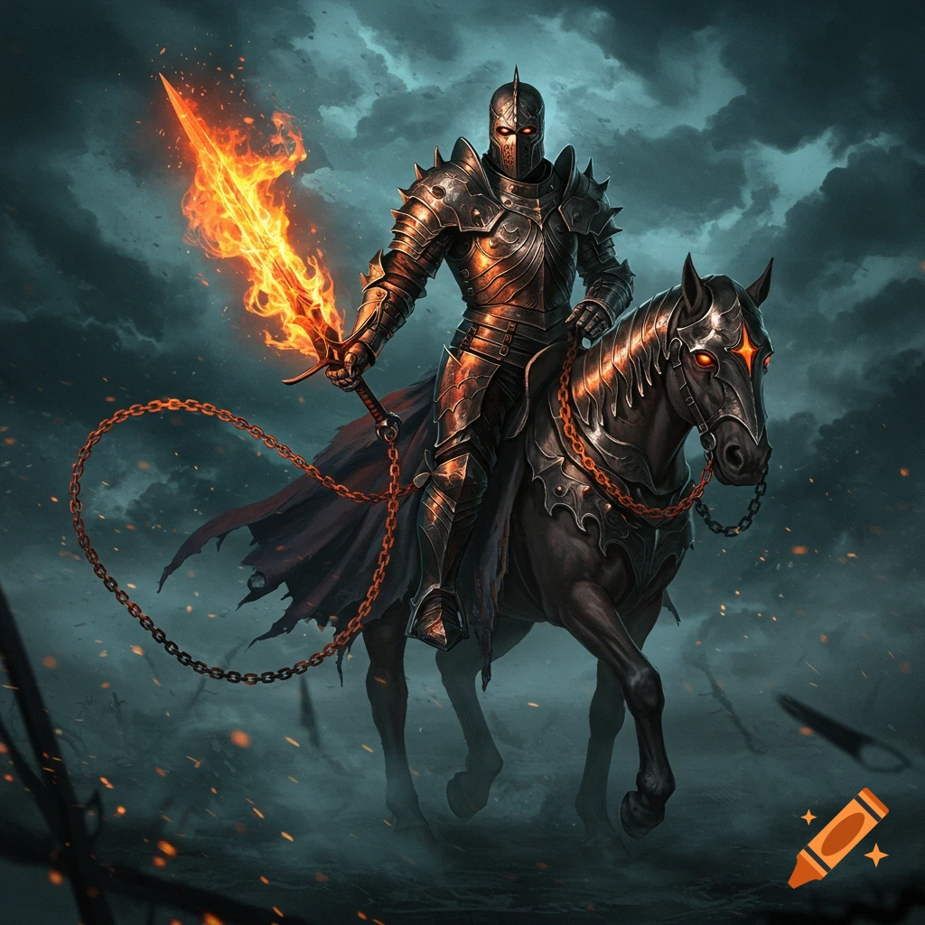 A dark knight in ornate armor rides a horse, wielding a fiery sword and a chain against a stormy, ominous sky.