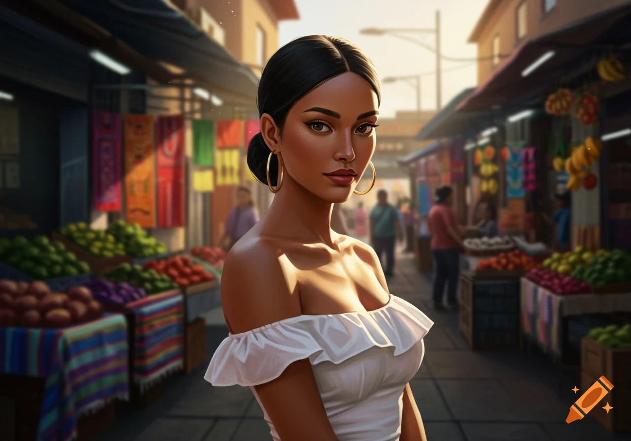 A woman with dark hair and gold hoop earrings wearing an off-the-shoulder white top stands in a bustling outdoor market.