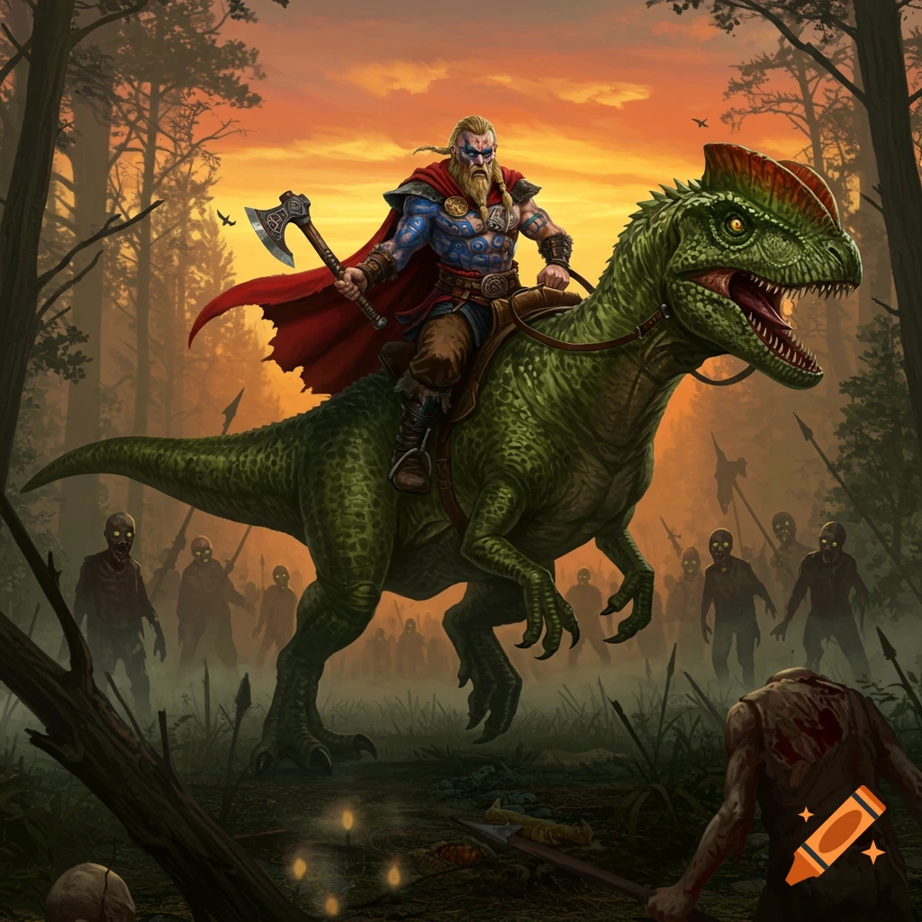 A powerful Viking warrior with tattoos rides a green Dilophosaurus through a misty forest at sunset, facing a horde of zombies.