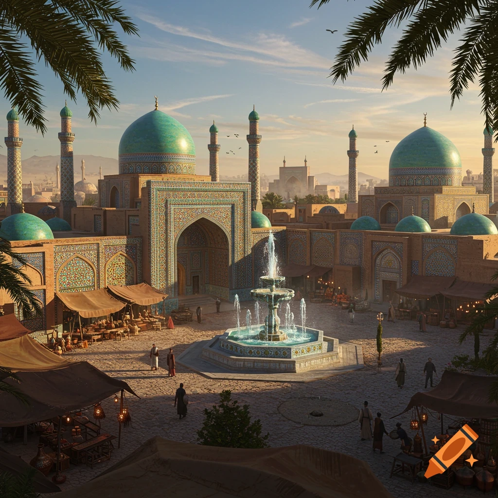 Photorealistic image of a bustling ancient city square with turquoise-domed buildings, minarets, a central fountain, and market stalls under palm trees.