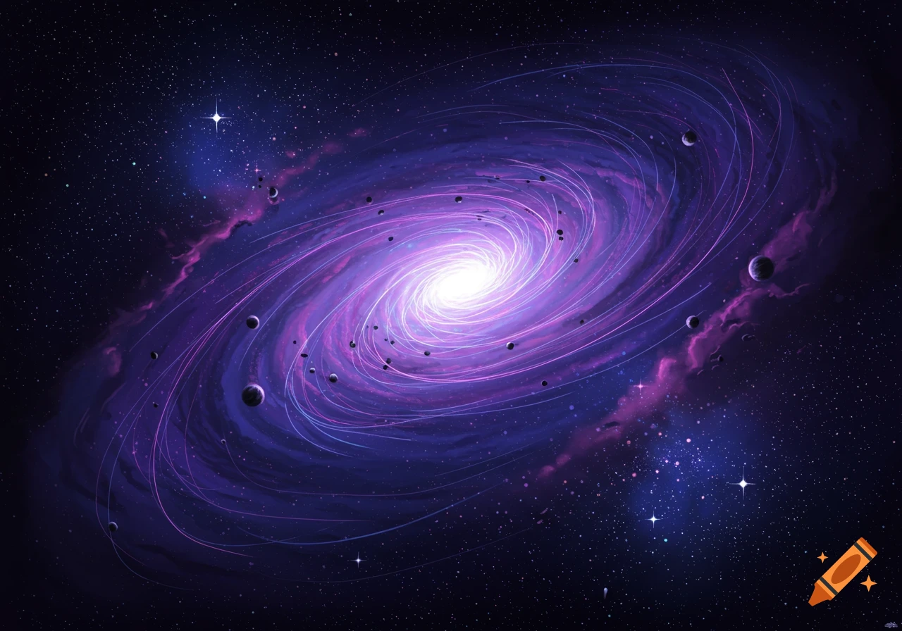 A vibrant spiral galaxy with a bright center, purple and blue nebulae, and planets orbiting in a star-filled dark space.