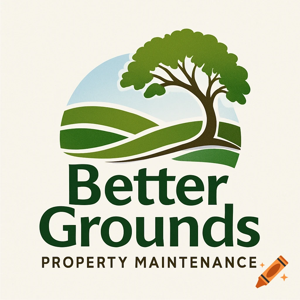 A logo with a green tree and rolling hills above the words "Better Grounds Property Maintenance" on a cream background.