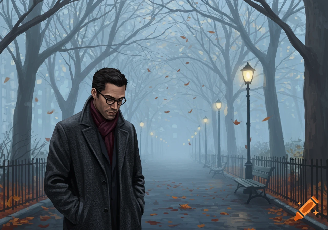 Illustrated man in a dark coat and red scarf walking on a misty autumn park path with bare trees and streetlights.