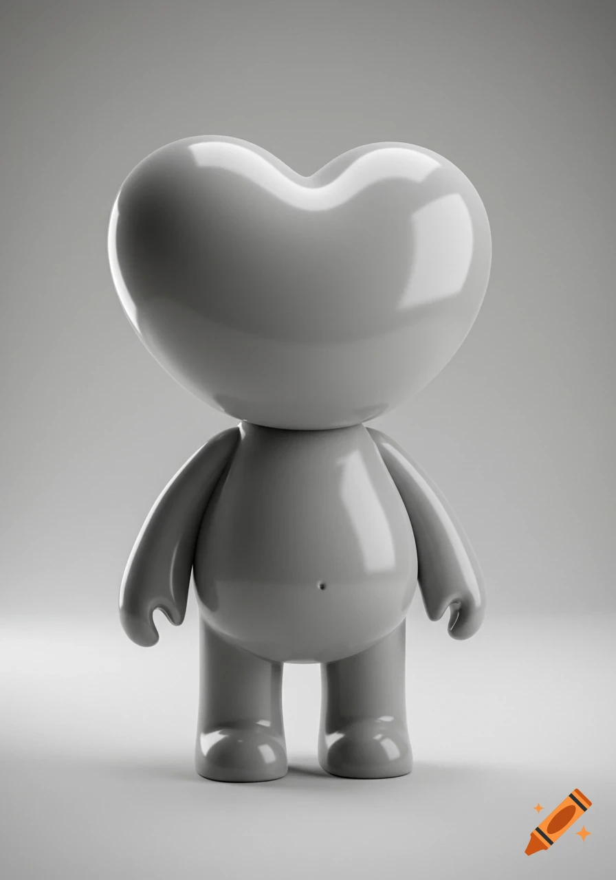 A glossy grey art toy with a heart-shaped head, chubby body, and no facial features stands on a grey background.