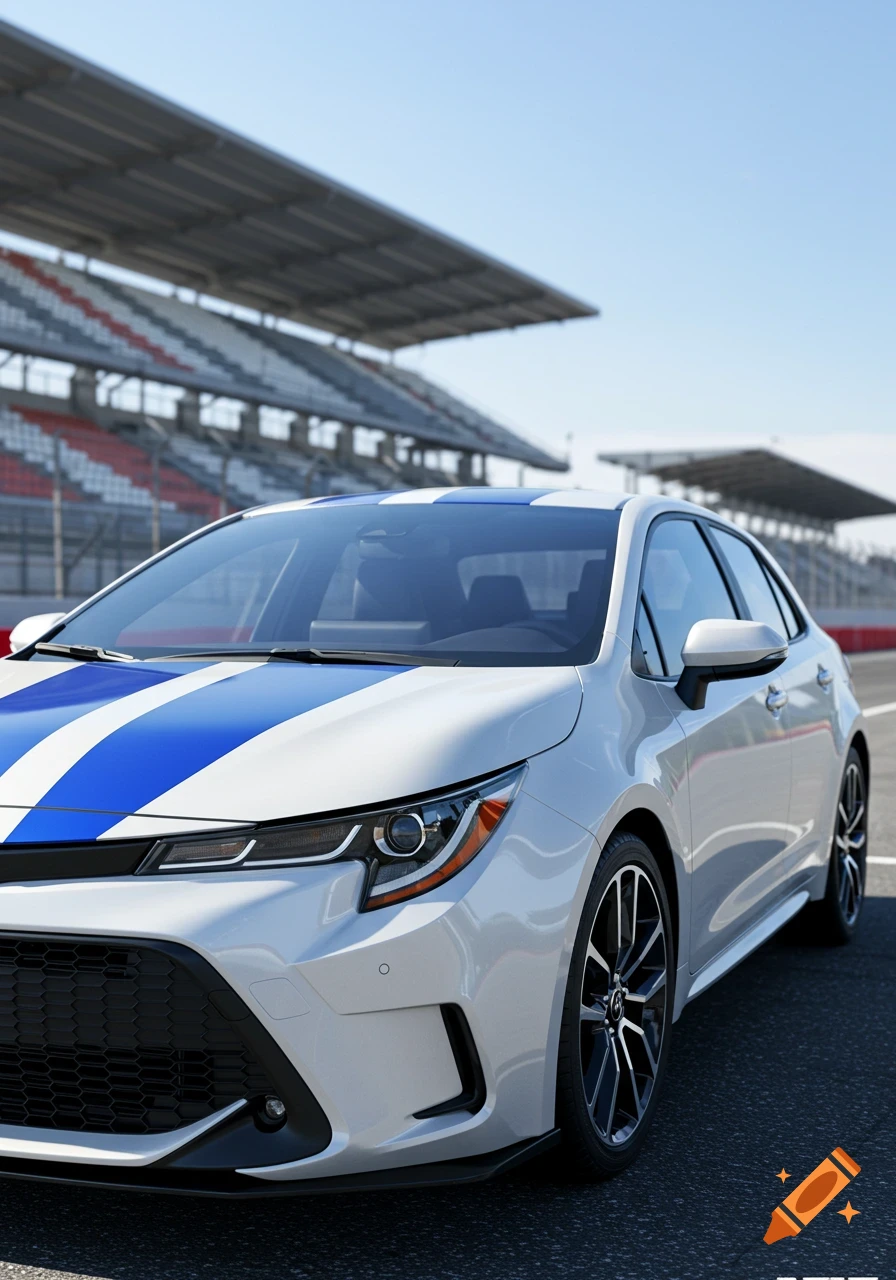 A white Toyota Corolla with blue racing stripes on a race track with grandstands under a clear sky. Photorealistic.