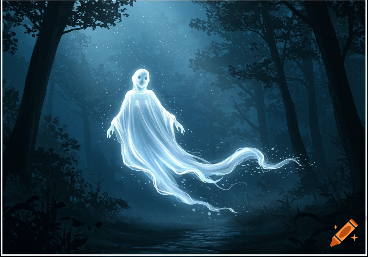 A luminous, white ghost with a simple face floats through a dark, misty forest at night, surrounded by glowing particles.