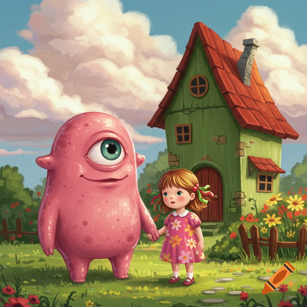 A pink cyclops monster and a little girl in a floral dress hold hands in a garden with a green house.