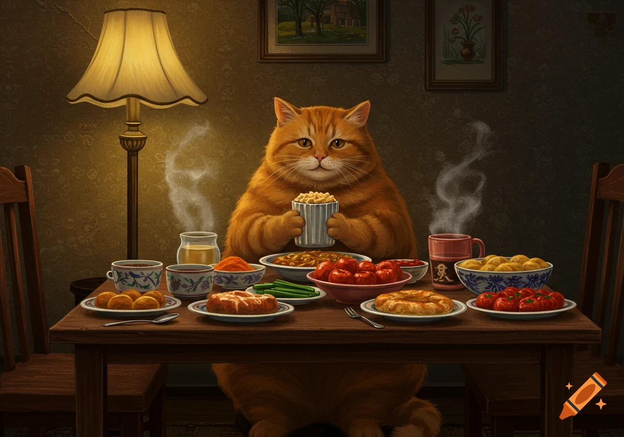 A fluffy orange cat sits at a dining table filled with various dishes, holding a cup of what looks like popcorn.