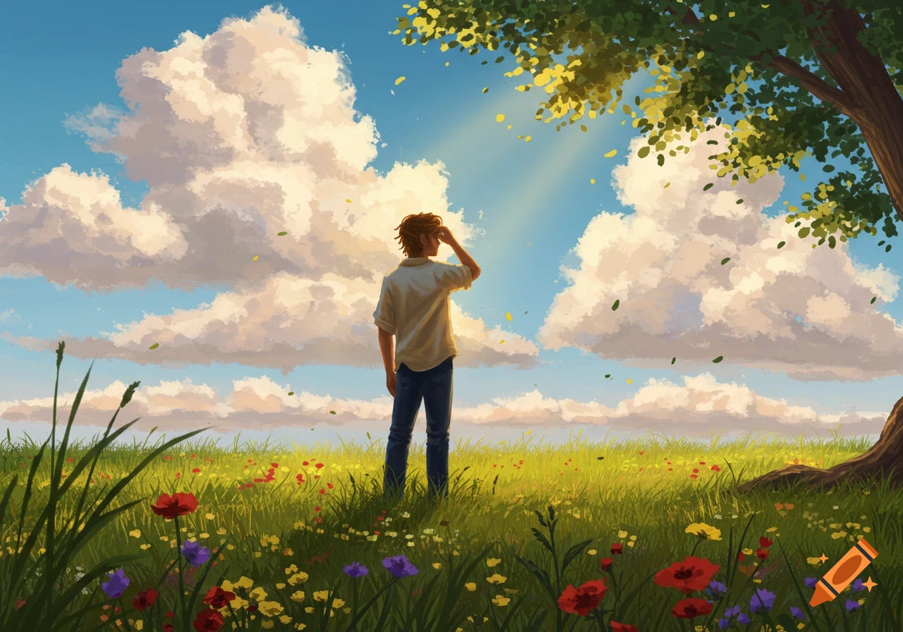 A person stands in a vibrant field of wildflowers looking up at a bright blue sky with fluffy white clouds, sun rays shining through tree branches.