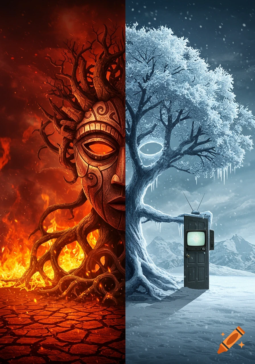 A vertical split image contrasting fire and ice. Left: Fiery tribal mask with tree roots, cracked ground. Right: Icy tree, door with old TV, snowy mountains.