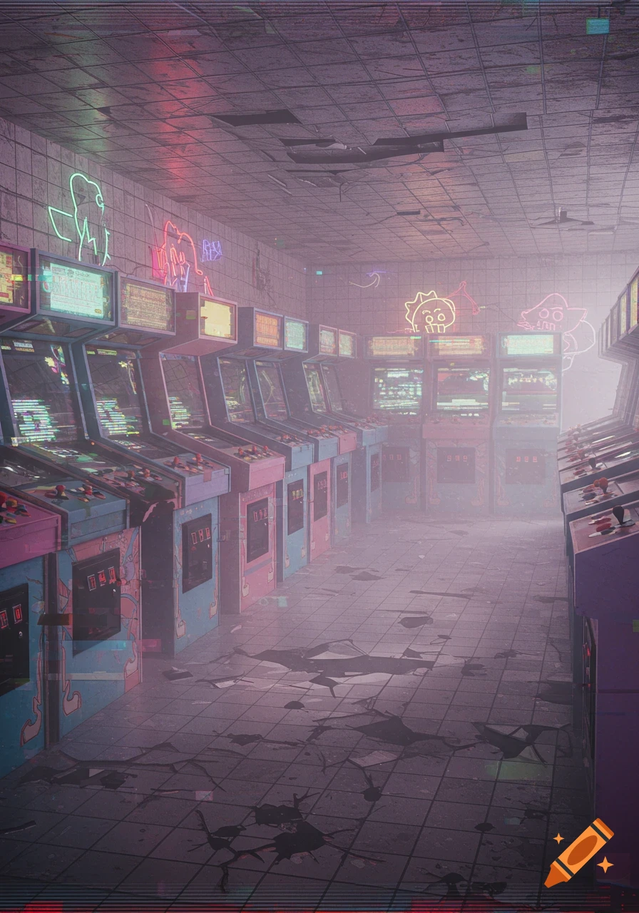 An abandoned arcade with rows of pastel-colored machines, neon lights, cracked floor, and a misty, hazy atmosphere with VHS static overlay, evoking a dreamcore aesthetic.
