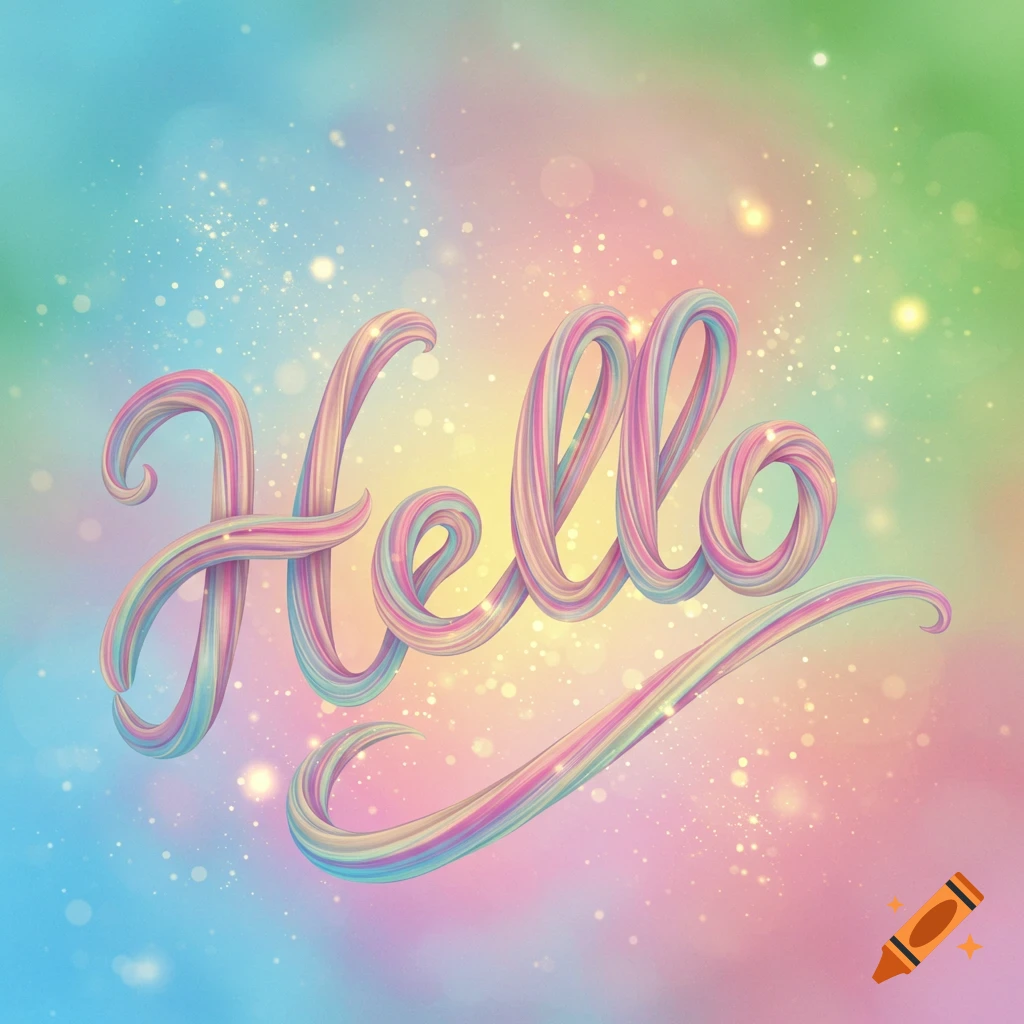 The word 'Hello' rendered in twisted, colorful 3D lettering, set against a dreamy pastel background with glittering specks.
