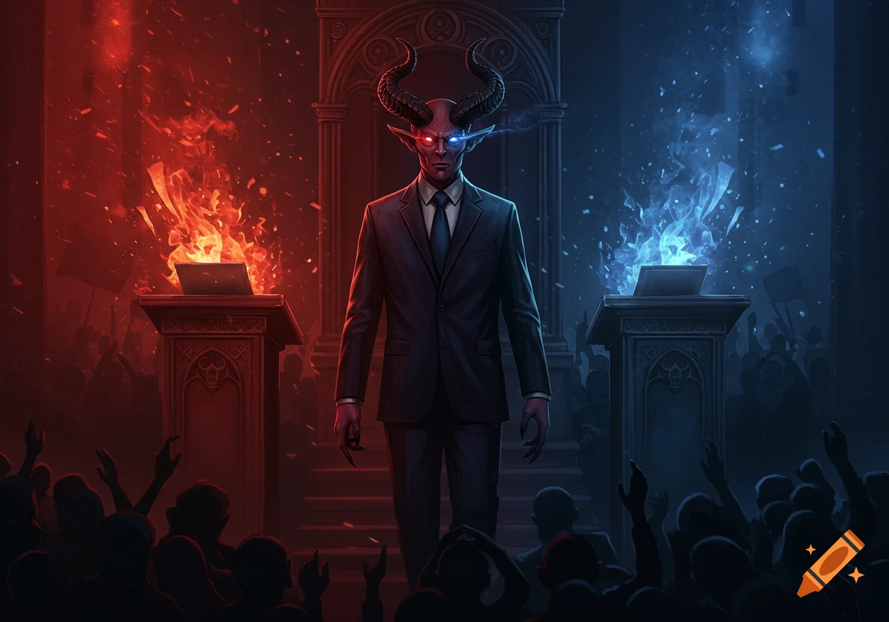 A demonic figure in a suit stands between two podiums with red and blue flames, with a silhouetted crowd watching.