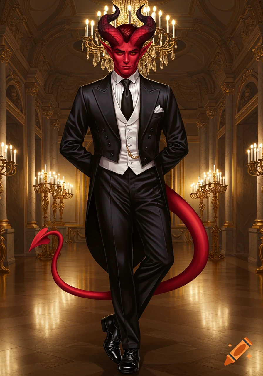 A red-skinned, horned, and tailed character in a black tuxedo stands formally in a lavish, gold ballroom with chandeliers.