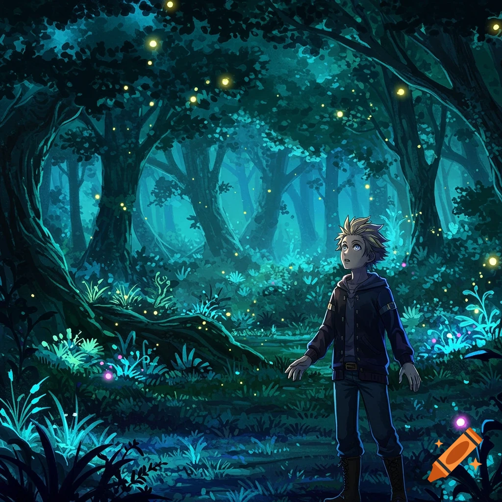 An anime character with spiky blond hair looks amazed while standing in a mystical forest illuminated by glowing fairy lights and plants.