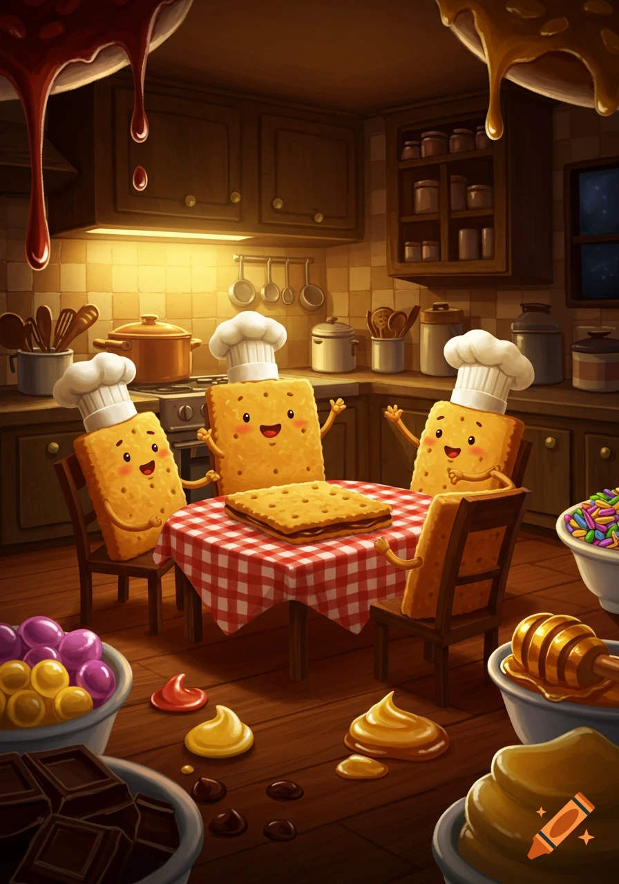 Cartoon graham cracker chefs with hats gather around a table with a s'more in a kitchen, surrounded by various sweets. Illustrated.