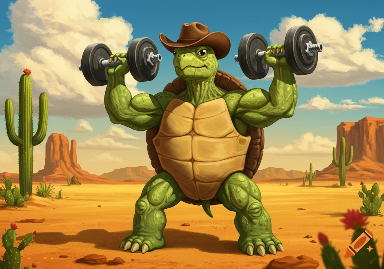 A muscular cartoon turtle wearing a cowboy hat lifts dumbbells in a desert landscape with cacti and mesas.