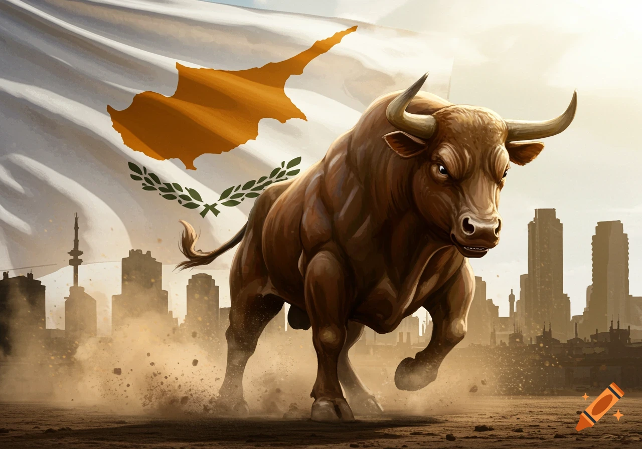 An angry brown bull charges forward, kicking up dust. The Cyprus flag flies behind it over a city skyline.