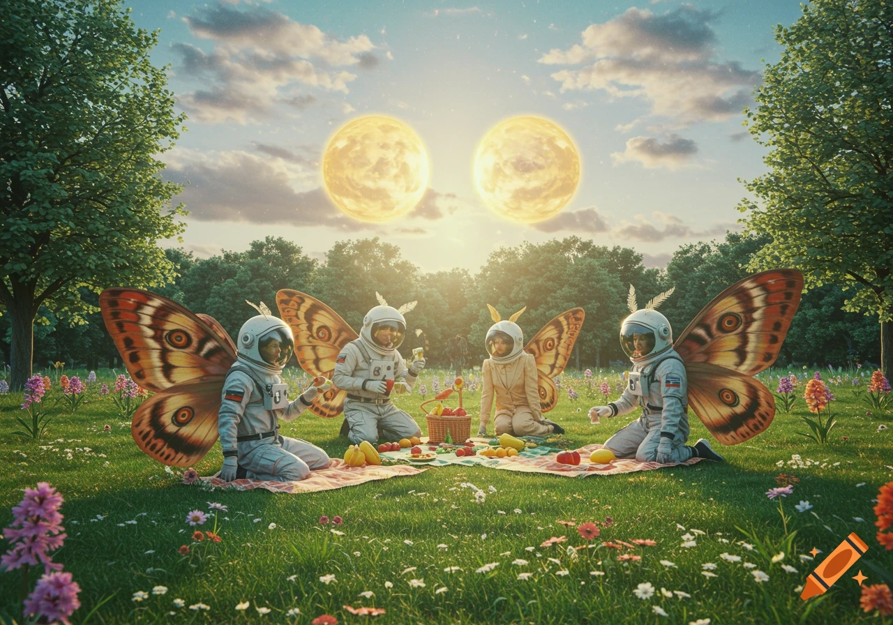 Four figures in hybrid astronaut and moth costumes, complete with large moth wings and antennae, are having a picnic on a grassy field with wildflowers under two bright suns in a clear sky.