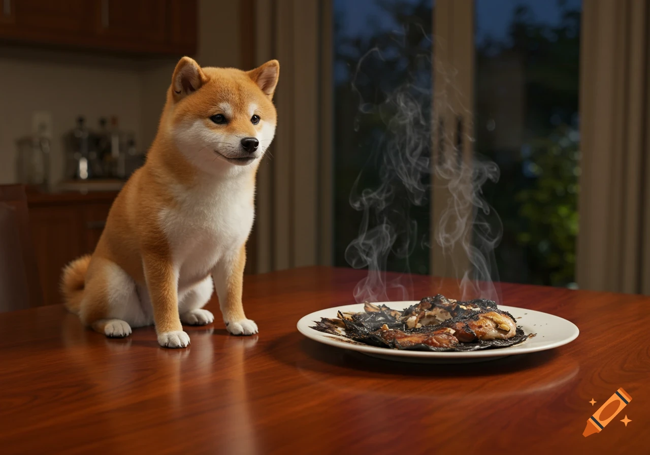 A cute Shiba Inu dog on a wooden table, looking at a smoking, burnt plate of food in a photorealistic style.