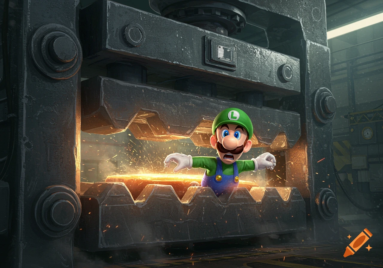Luigi with a shocked expression, trapped between two massive industrial press plates, with molten metal glowing between them and sparks flying.