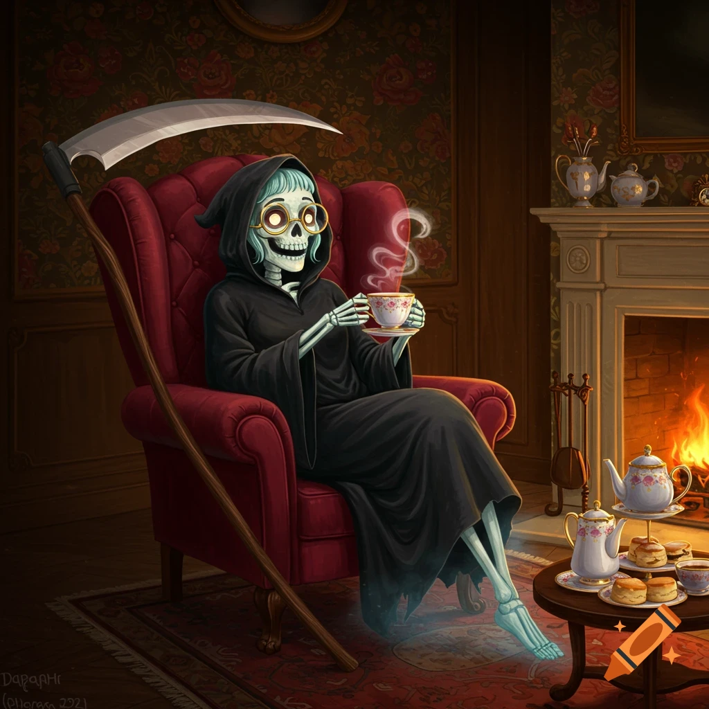 A cheerful female grim reaper skeleton in a black robe and glasses sips tea in a cozy armchair by a fireplace with a tea set.