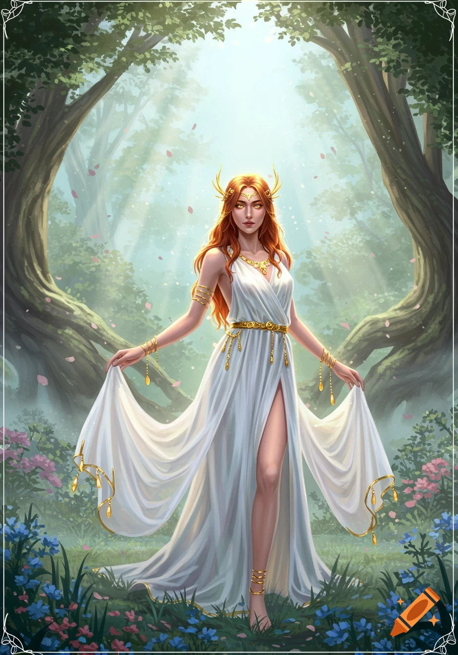 An ethereal woman with long red hair and a white dress adorned with gold charms stands in a mystical forest bathed in sunlight.